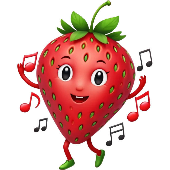 A Dancing strawberry with music notes around emoji