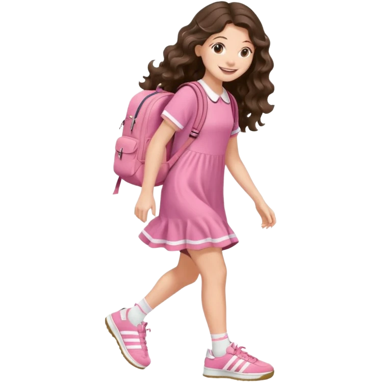 aestethic brunette very,very,very long wavy hair walking with a school backpack (no brand) with a cute pink dress, adidas samba shoes emoji