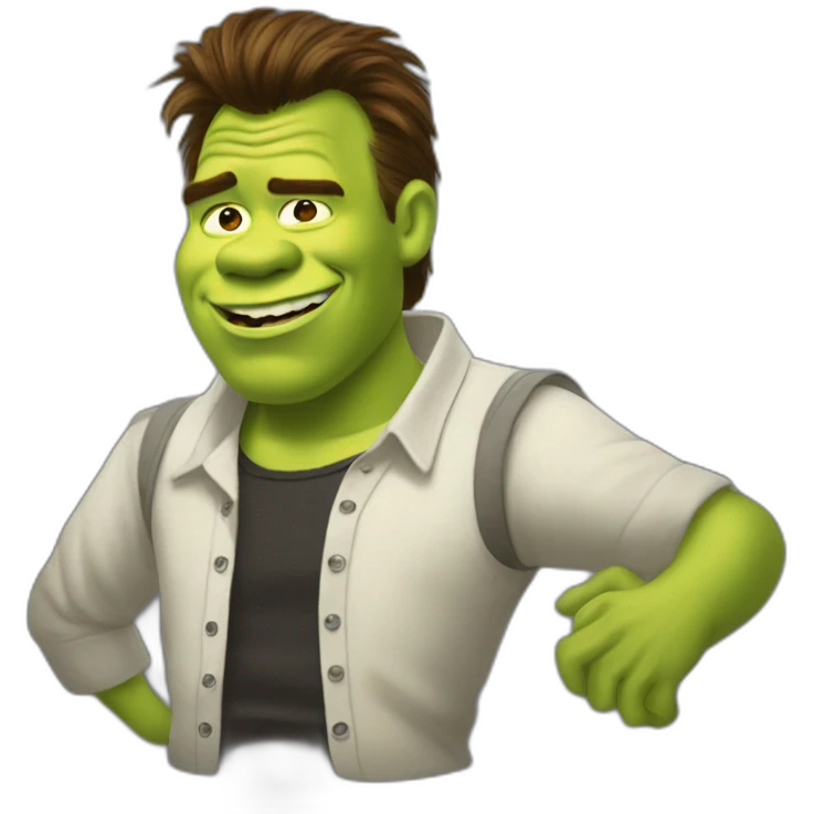 Shrek as rick astley doing the rickroll emoji