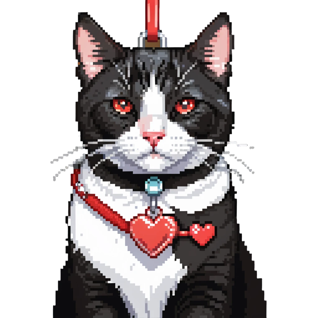 tuxedo cat with red leash and heart pendant, white fur only on mouth, small diamond spot above nose emoji