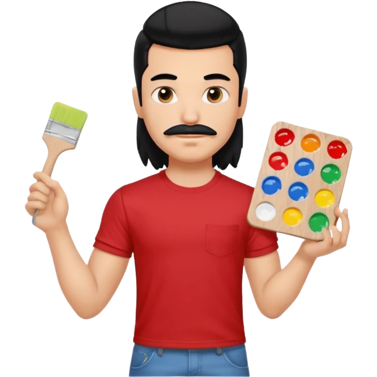 generate a pretty fair bratz boy with a long mullet (black hair), mustache, carrying a paint palette in hand and wearing a red tshirt. Lean but biceps emoji