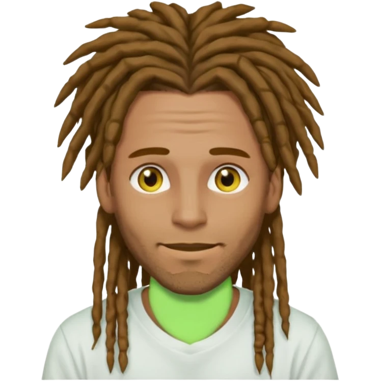 man with brown dreads covering forehead white tee golden eyes light green skin  and white smile emoji