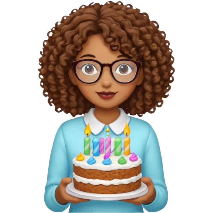 Brown Curly haired girl wearing glasses with a cake emoji