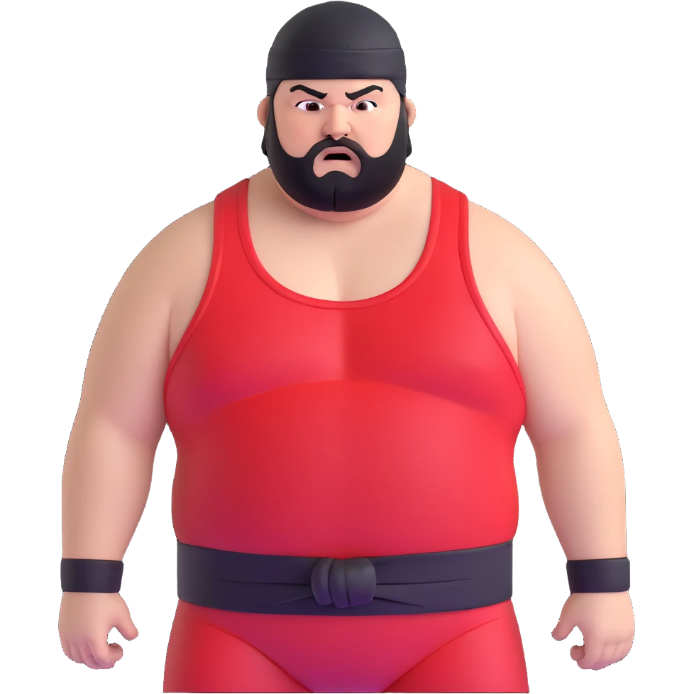 Extreme close-up of face of morbidly obese white skin guy with young face, prominent BLACK DURAG tied clearly on head, black beard but no mustache, clean shaven upper lip, black eyes in a red and black wrestling singlet with angry expression emoji