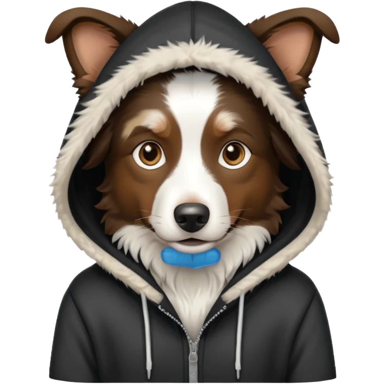 A border collie wearing a hoodie emoji