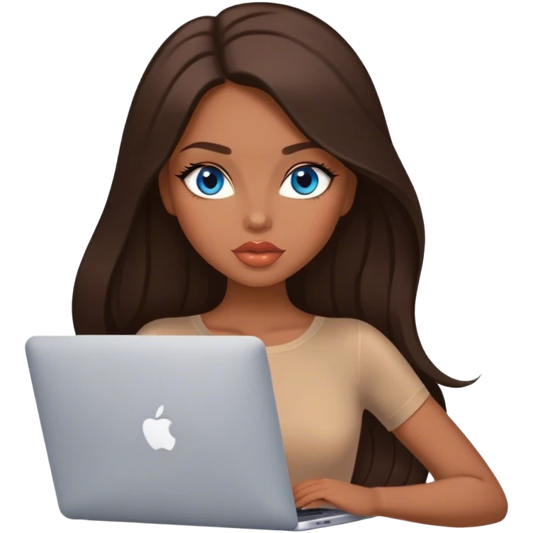 Glamours tanned very beautiful girl with big pump peach lips and dark chocolate straight smooth long hair, blue eyes in brown/beige bodysuit with MacBook emoji