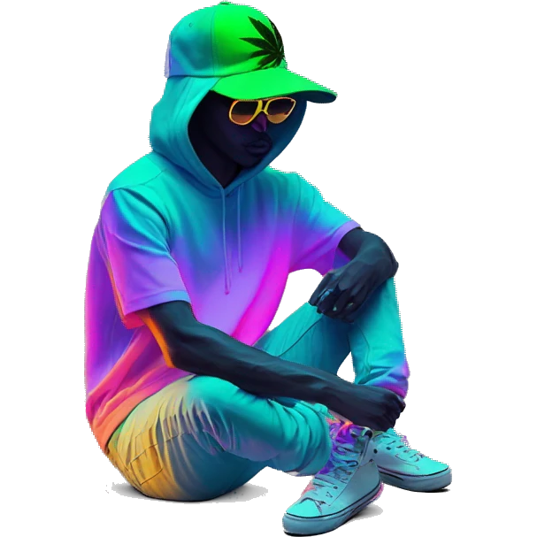 Hemp leaves Multicoloured neon person smoking wearing hoodie dancing hip hop bucket hat tropical Skater fashion aesthetic baggy clothes graphic t shirt 420 emoji