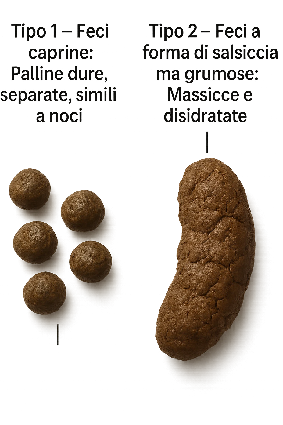 immagine di due tipi di feci iperrealistiche viste dall'alto con descrizione:
Tipo 1 – Feci caprine
Palline dure, separate, simili a noci

Tipo 2 – Feci a forma di salsiccia ma grumose
Massicce e disidratate.
 emoji