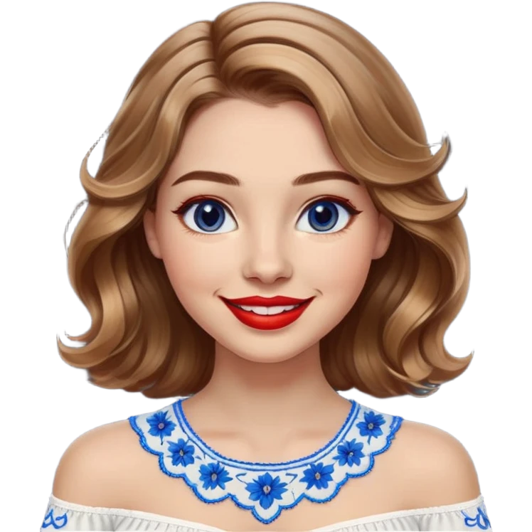 Cheerful woman with clear skin, round face, wide friendly smile, big light brown eyes, vibrant red lipstick, shoulder-length wavy dark blonde hair with light highlights, white top with blue embroidery and electric blue neckline emoji