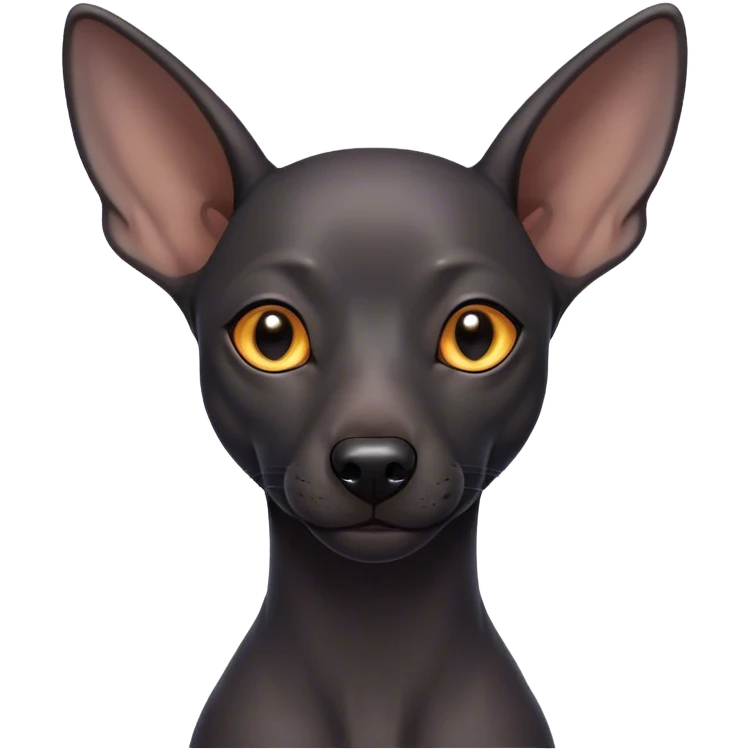Cinematic Noble Xoloitzcuintle dog Portrait Emoji, Poised and regal, with a sleek, muscular build and smooth, hairless ebony skin accented by subtle wrinkles, deep-set soulful dark eyes, Simplified yet sharp and sophisticated features, highly detailed, glowing with a soft, dignified glow, high shine, intelligent and loyal, stylized with an air of ancient grace, focused and attentive, soft glowing outline, capturing the essence of a watchful and confident guardian, so majestic it feels as though it could stride out of the screen with effortless authority! emoji