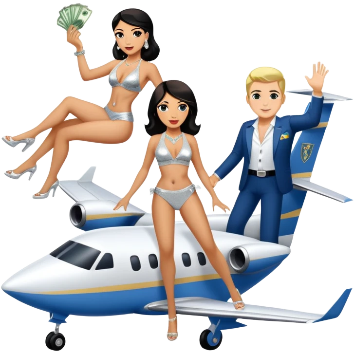 tefi valenzuela wearing diamond sparkle non bikini and josh king madrid standing on private plane throwing money at her emoji