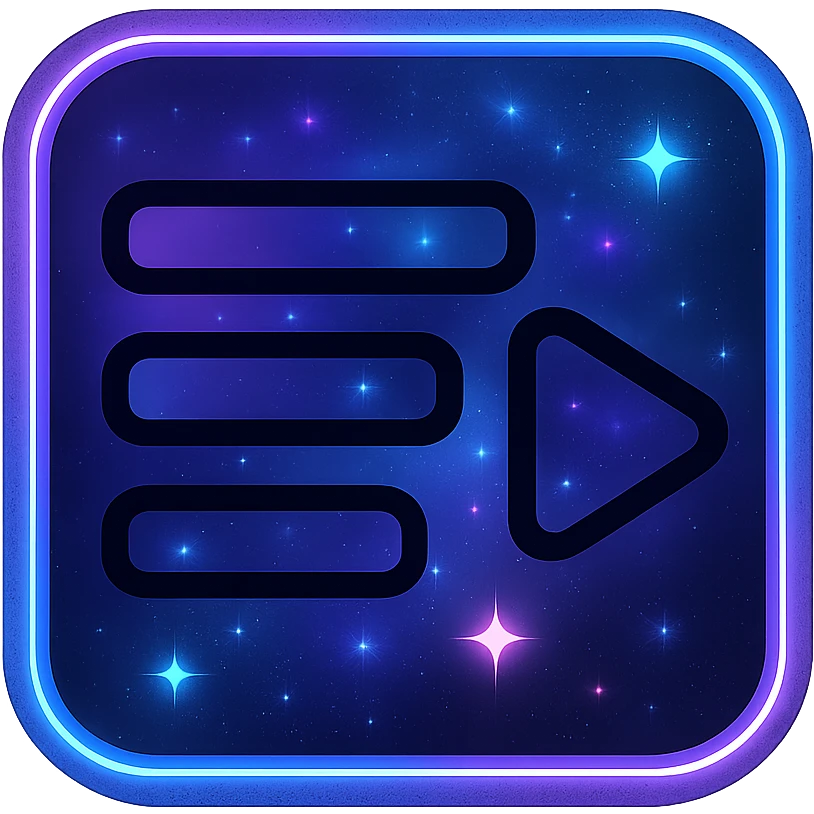 playlists icon, modern clean abstract playlist symbol with neon border and glowing effect, dark purples blues blacks base, nebula gradients, small bright stars, specular highlights, luminous look emoji
