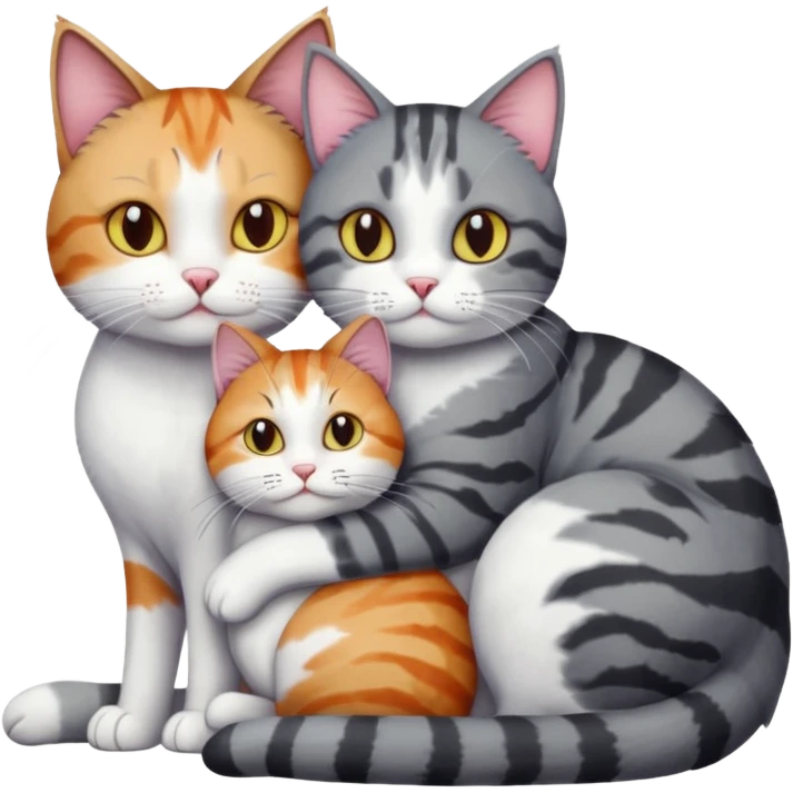 full body colourful light patched calico + white tabby cat cuddling a bigger cat that is dark grey and white tabby cat  and they are in love emoji