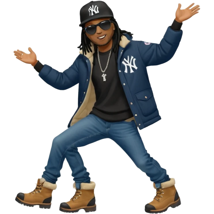 African American man with shoulder length black dreadlocks and black sunglasses wearing a black New York Yankees baseball hat with a North Face brand bubble winter coat with denim skinny jeans and timberland boots dancing emoji