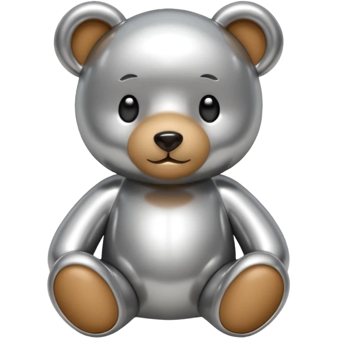 A cute teddy bear emoji made of liquid silver chrome, smooth rounded body, glossy metallic surface, soft reflections, friendly proportions, iOS emoji style, centered, clean white background emoji