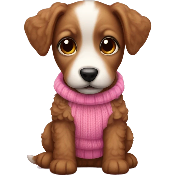 Brown doodle mini puppy in pink sweater and little pink bows on ears emoji