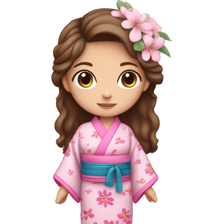 cute girl with brown hair and blue eyes in pink flower kimono emoji