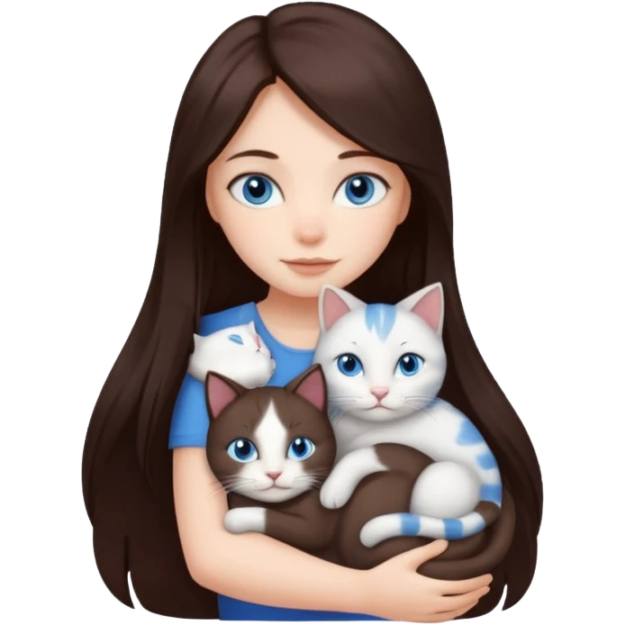 a girl with long dark 
brown hair, with blue eyes, hugs 3 different natural coloured cats emoji
