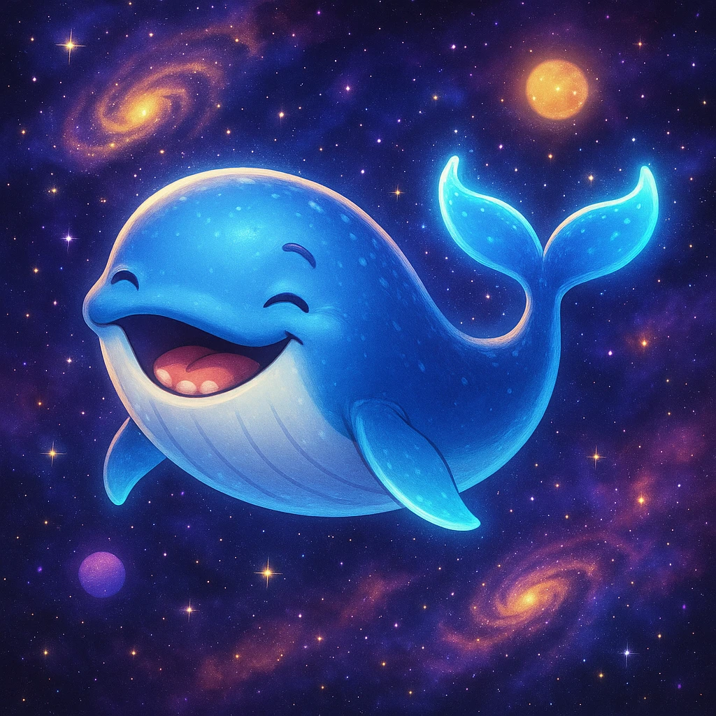 the happiest whale in space, whimsical, glowing, cosmic background emoji