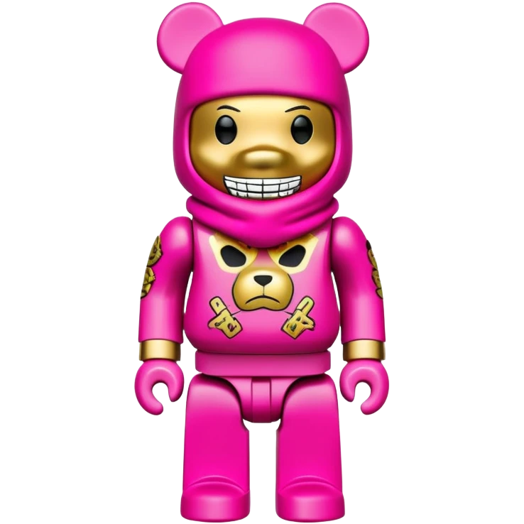 bearbrick toy figure wearing a bright pink balaclava with big pouty lips and gold grillz teeth visible, decorated with luxury brand logos and graffiti style patterns, striking a cool hip-hop pose with arms crossed confidently emoji