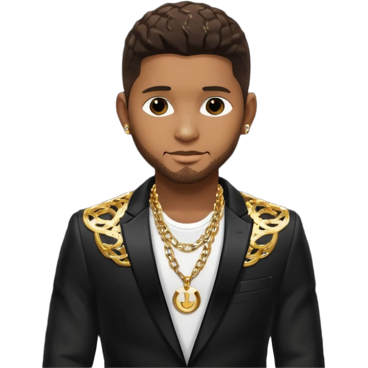 Usher with dark brown hair, black sequin suit jacket, shirtless with necklace emoji