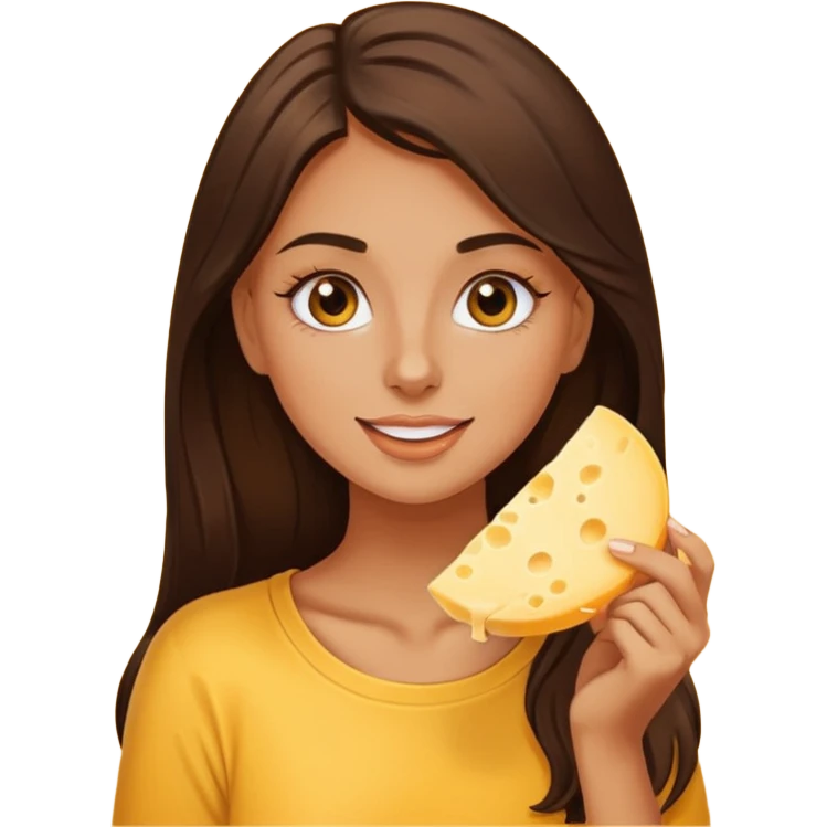Brunette tanned girl with eyelashes eating cheese  emoji