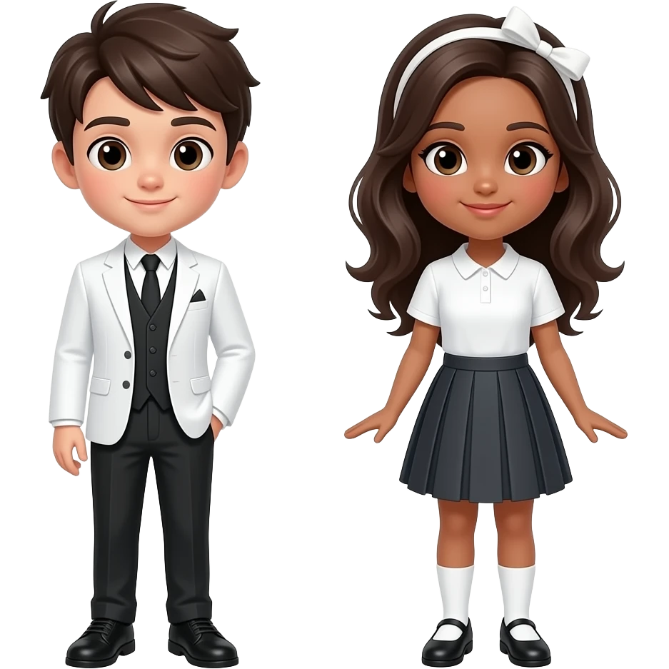 create a  1 boy and 1 girl, the boy wearing a white suit and black vest, and a black pants and black shoe and a white socks, the girl wearing a skirt and a hair ban. emoji