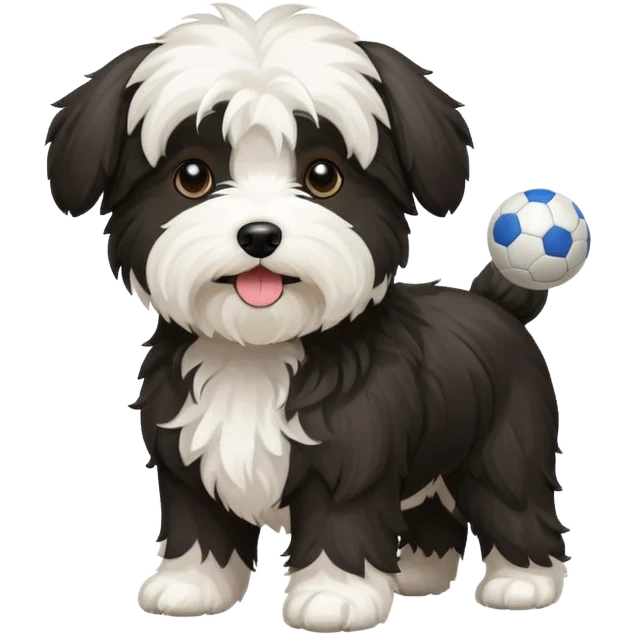 mostly white & black Havenese dog standing with ball emoji