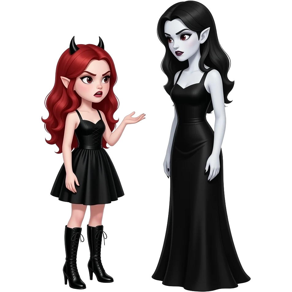 Vampiro femmina adolescente 12 enne più bassa della madre Vampiro con i capelli rossi con pelle bianca che indossa un tubino nero e degli stivali lunghi neri con tacco i capelli lunghi ondulati rossi che parla ARRABBIATA con la madre che ha un vestito neroadulta e  si guardano negli occhi emoji