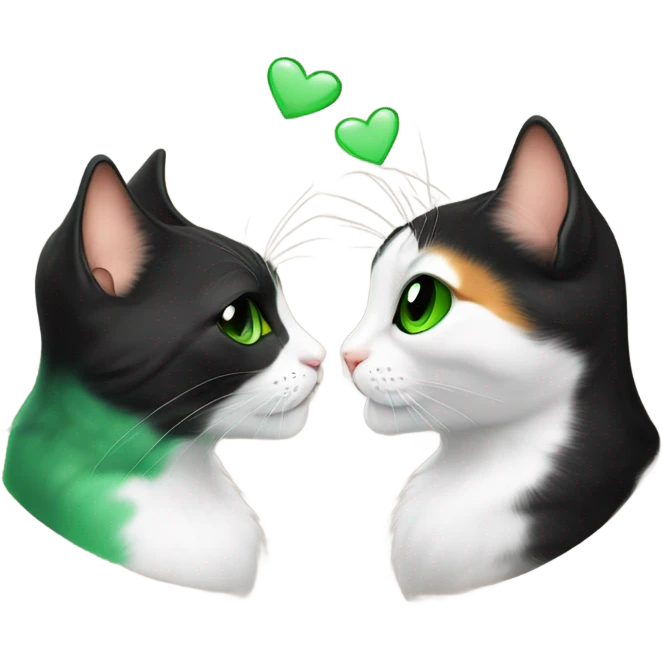 two cats (black with green eyes) and calico giving fly kiss to each other  emoji