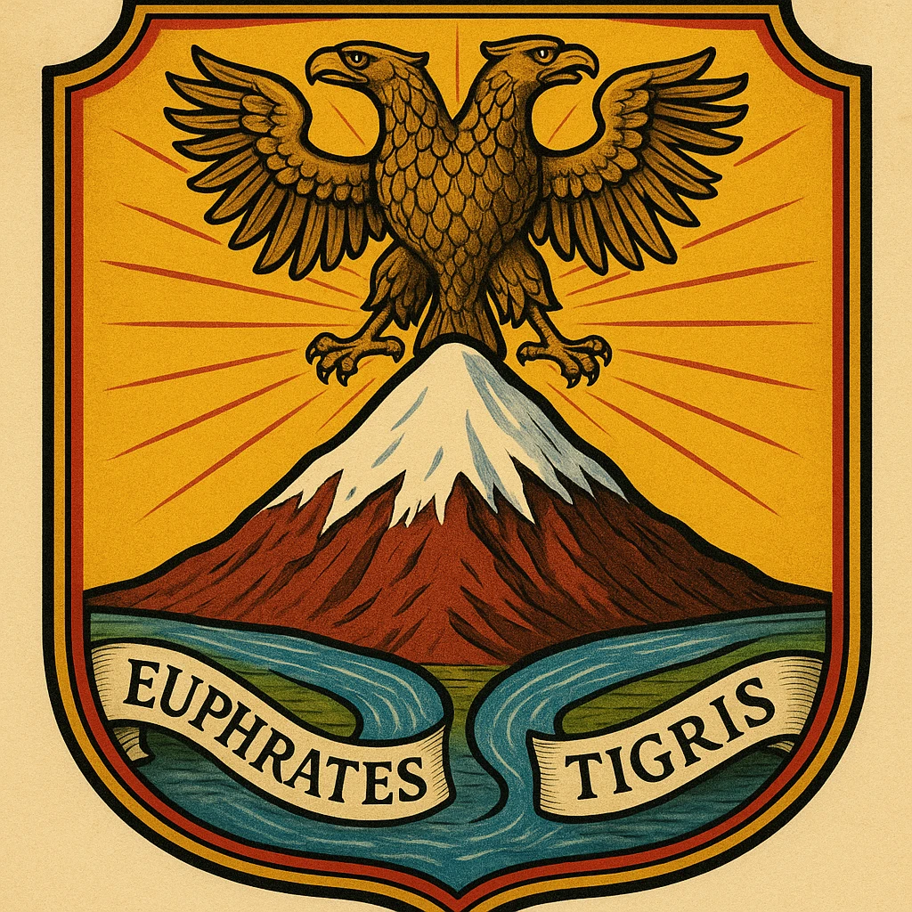 A detailed emblem featuring a snowy mountain placed on top of another mountain, with a majestic double-headed eagle (one head looking left), two rivers labeled Euphrates and Tigris flowing under the mountain, the sun shining in the background, and a dominant color scheme of yellow, red, and green. emoji