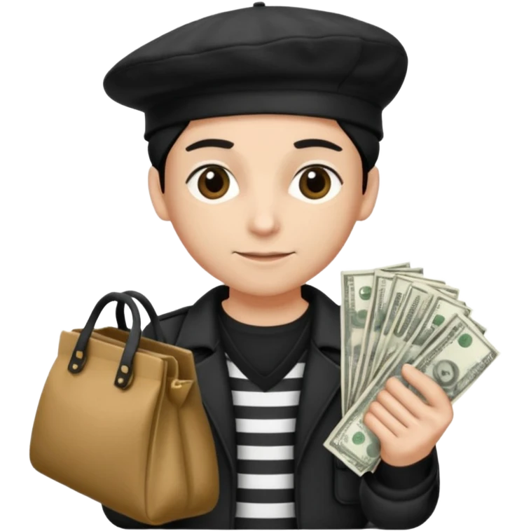 Crea un ladrón con camiseta a rallas blancas y negras con una boina y dos bolsas de dinero en las manos emoji