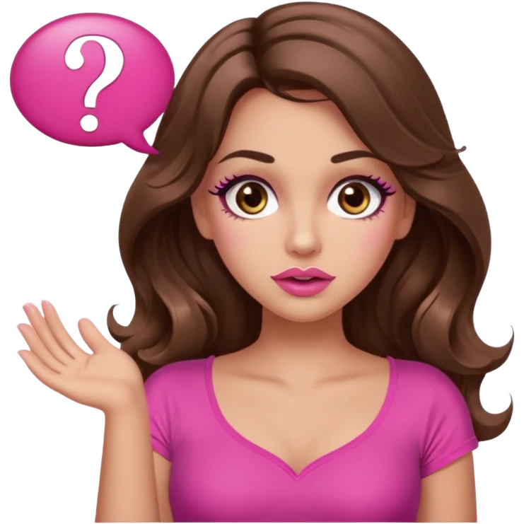 girl with long wavy brown hair, brown eyes, long lashes makeup, sexy pink lips, light to medium complexion, wearing a pink sexy top, shugging, question mark one speech bubble emoji