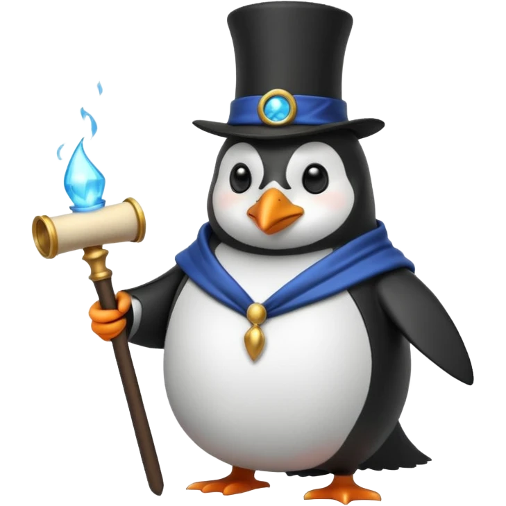 A penguin wizard with a top hat and a magic scroll emoji