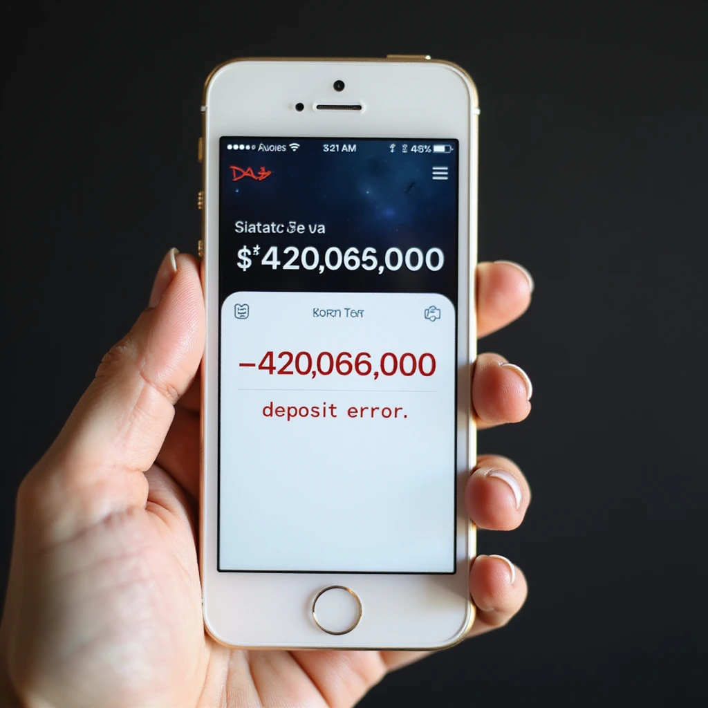 a iphone screenshot showing a SPACE bank balance of -$420,069,000, "deposit error" the numbers are shown in red, indicating a negative balance emoji