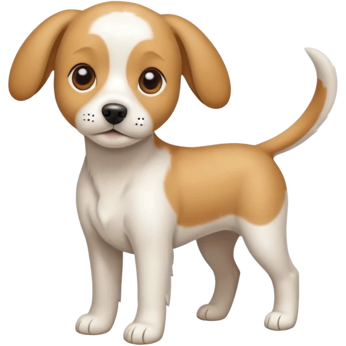 a full body white beagle x maltese x chi dog the size of a kelpie with light brown ears and a light brown patch on one eye emoji
