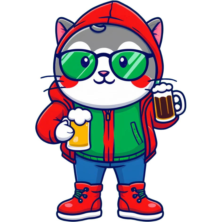 Catfish in a red winter jacket with hood, wearing round glasses, blue jeans, red boots, holding a beer can with a red label emoji