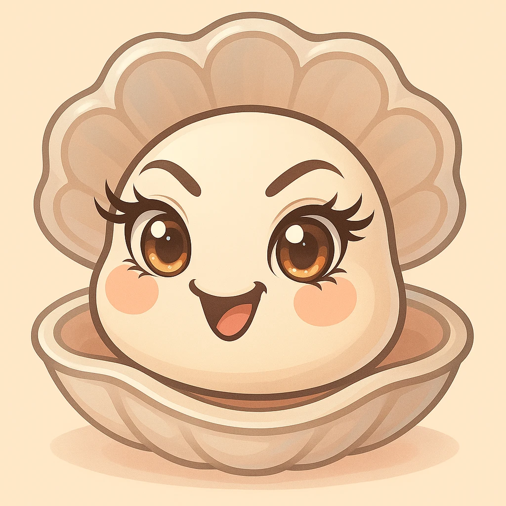 Create a version with even more expressive and luminous eyes, elegant eyelashes, and enhanced pastel, pearly, cream, peach, and greige shades. Keep the large shell, small oyster, pastel toon style, background, and mischievous expression as in the reference image. emoji