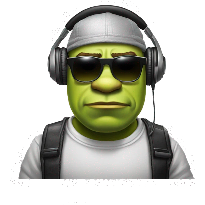 shrek very serious being a dj, with a cap and sunglasses with silver lenses emoji