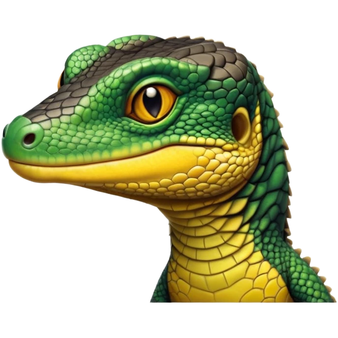 cinematic-realistic-cute-monitor-lizard-portrait-emoji,-head-tilted-playfully-and-inquisitively,-featuring-a-compact,-agile-body-with-finely-detailed,-glossy-scales-in-earthy-black and yellow-hues-and-a-distinct,-alert-face-with-bright,-curious-eyes, black , yellow spotted and green band  scales and a slender neck emoji