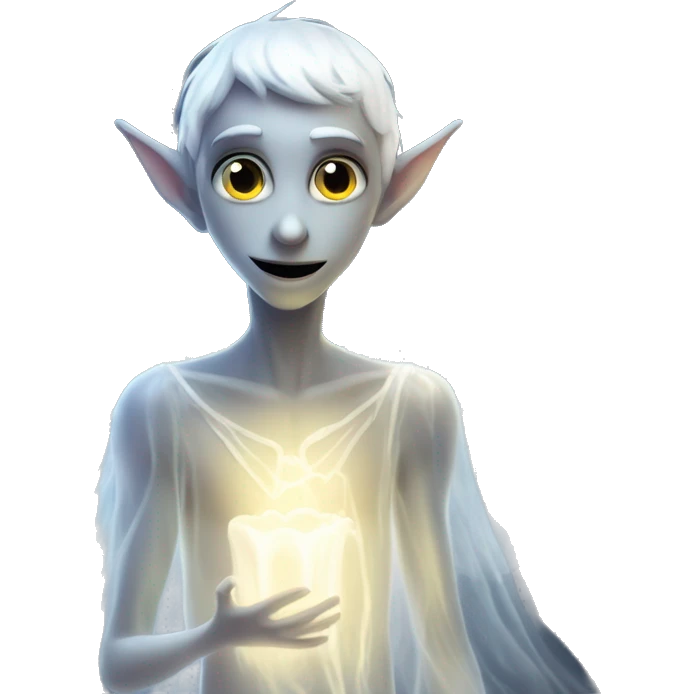 Elf male ghost fairy in a translucent dress, ephemeral wings, surrounded by glowing ghostly lights, Halloween theme, emoji emoji