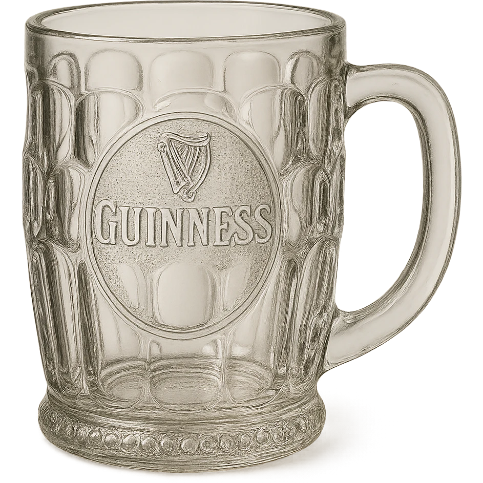 an empty vintage Guinness tankard, ornate glass, no beer inside emoji