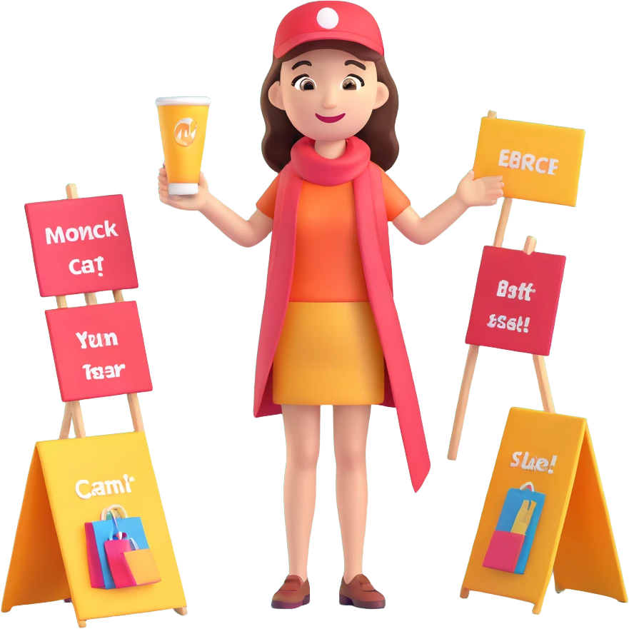 woman enthusiastically promoting a product to a group of customers outdoors, with banners and product samples emoji