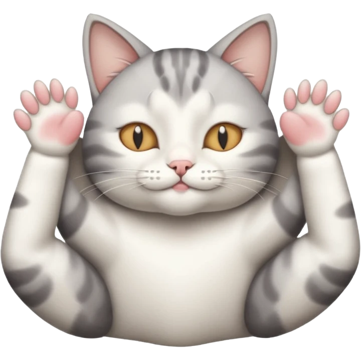 grey and white small cat eyes closed lying down upside down with paws stretched out straight in different directions emoji