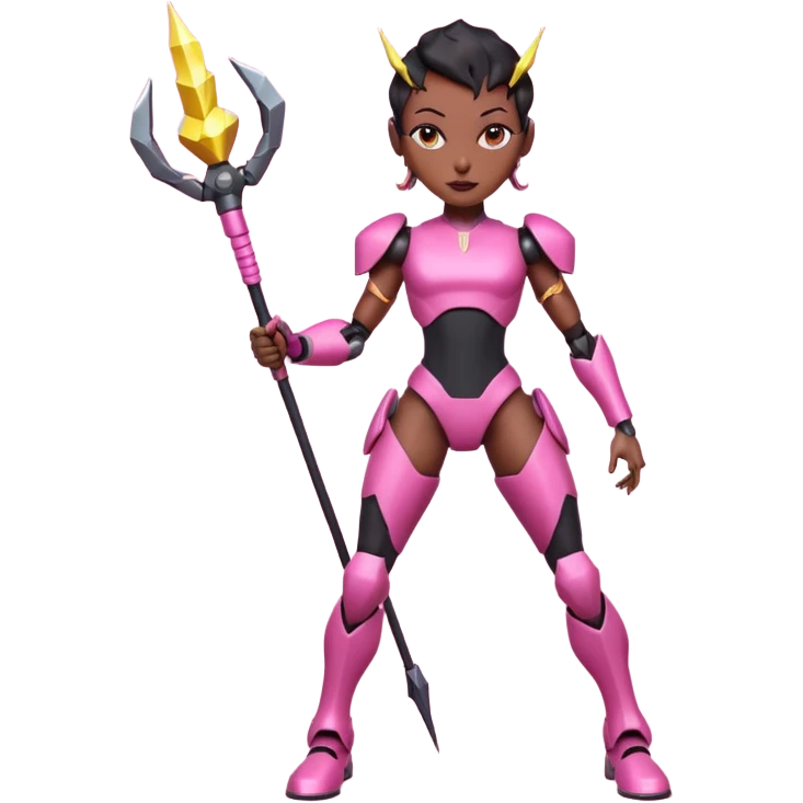 slim, powerful black female robot in a confident pose, with small ear pieces, holding a lightning whip by the handle, thighs and biceps pink with bold hexagonal texture, rest of body sleek black metal, 2D emoji style emoji