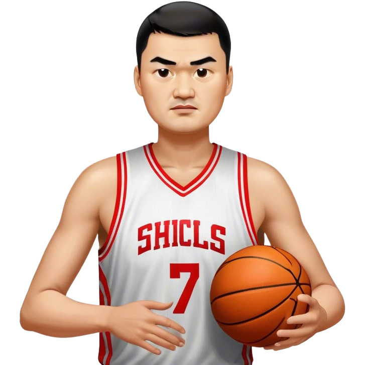 Yao Ming – Cinematic Realistic Portrait of Yao Ming, depicted as a towering basketball icon in a modern uniform, with a gentle yet determined expression and dynamic arena lighting that highlights his immense stature and graceful athleticism. emoji