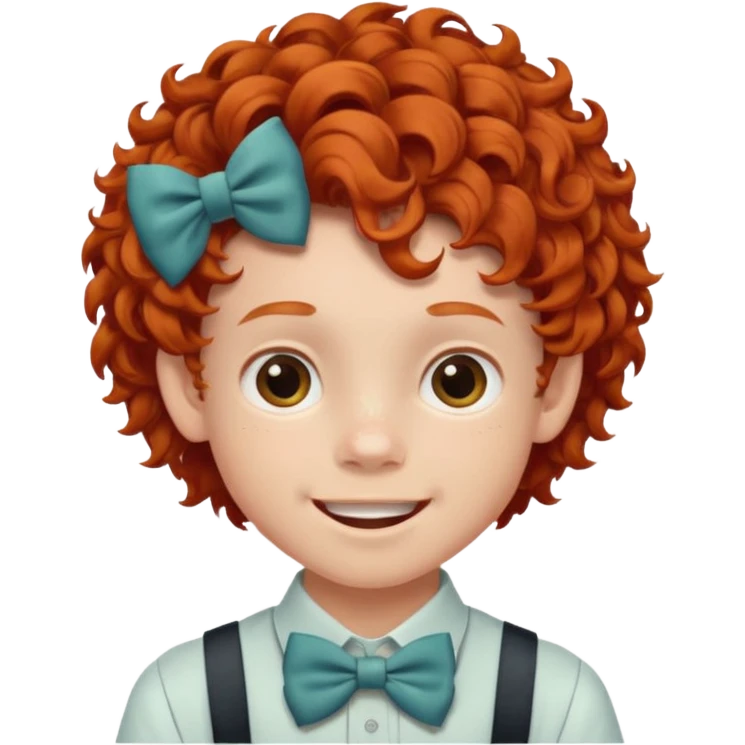 redhead kid with unique face features and very curly hair kid boy happy and braces on teeth, wearing a bow on head on hair just one bow emoji