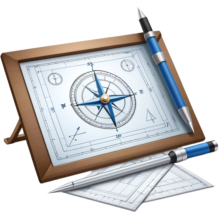 Create a sleek and modern icon for Architecture, featuring an engineer's drawing board with blueprints of a building, rulers, and architectural tools like a compass and protractor. The design is visually sophisticated, clean, and professional, without any emojis. The background's transparent. emoji