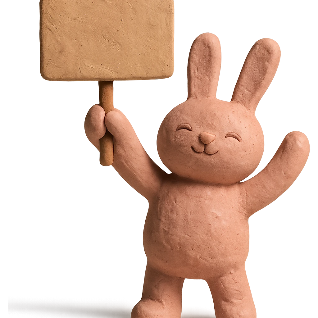 rosy bunny holding signboard high, claymation style emoji