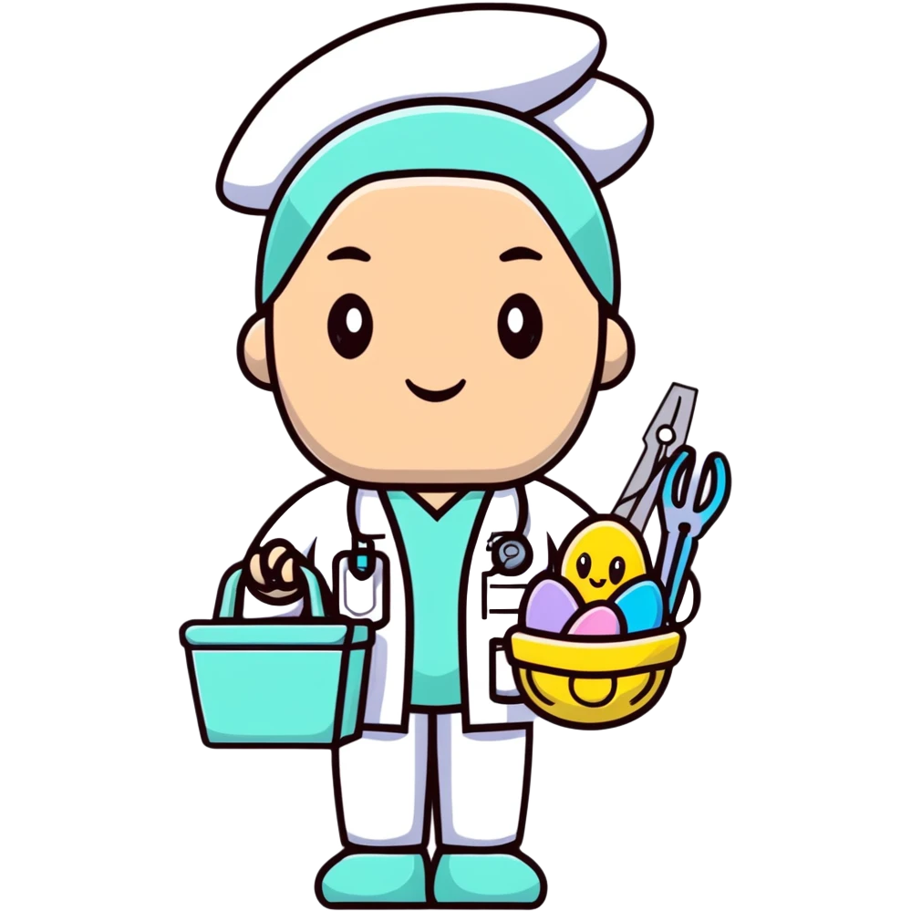 plastic surgeon in pastel scrubs with Easter basket and surgical tools emoji